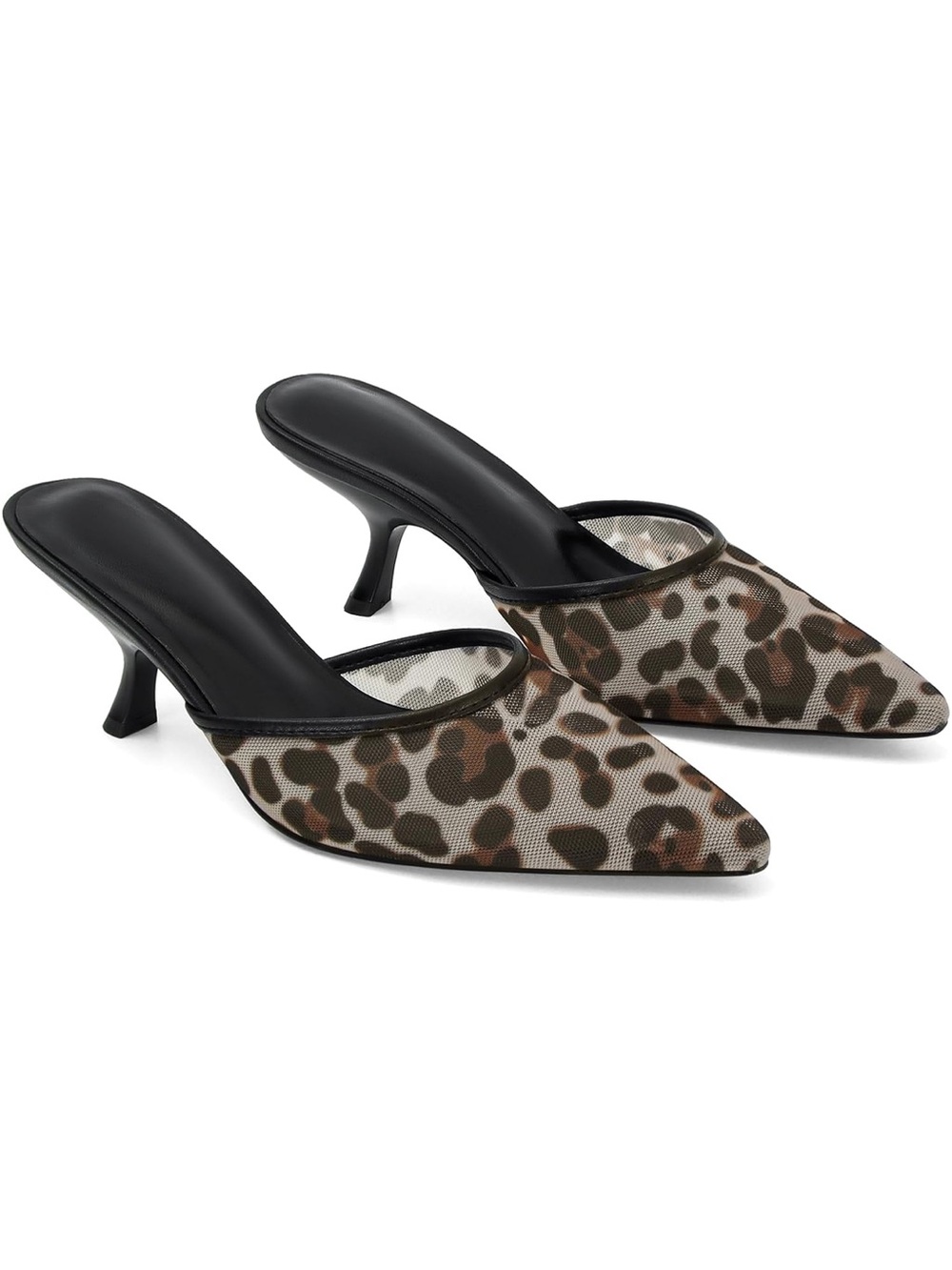 Leopard Print Pointed-Toe Mesh Mule Heels - Black/Brown